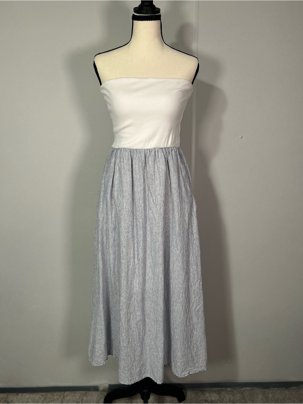 Strapless White and Light Blue Maxi Dress